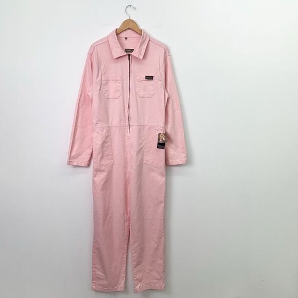 Run and Fly Women’s Pastel Pink Cotton Twill Zip Up Boiler Long Sleeve Jumpsuit - Picture 2 of 11